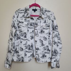 Charter Club Denim Jacket White Black Graphic En Plein Air French Design Sz L